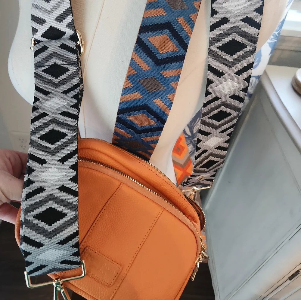 Pom Pom London Orange Crossbody Bag with Patterned Strap - Picture 7 of 9